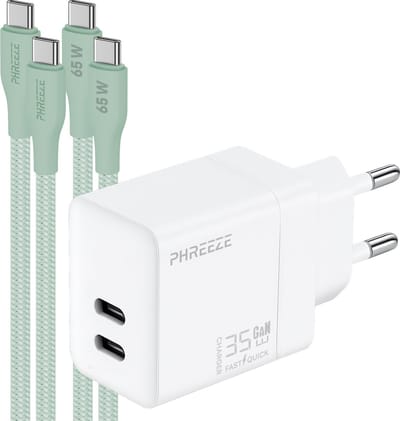 Phreeze usb C adapter 35w snellader met 2x usb C naar usb C kabels groen - Voor tegelijk snelladen telefoon en tablet