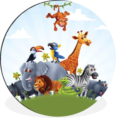 WallCircle - Wandcirkel - Muurcirkel - Jungle - Illustratie - Wilde dieren - Jongens - Meisjes - Kind - Aluminium - Dibond - 140x140 cm - Binnen en Buiten