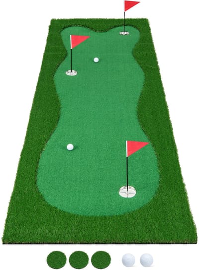 COSTWAY 300 x 100 cm Golf Putting Mat - Afslagmat Golf - Oefenmat Golf - Golf Accessoire met golfballen, 3 gaten, 3 vlaggen - Indoor en buiten