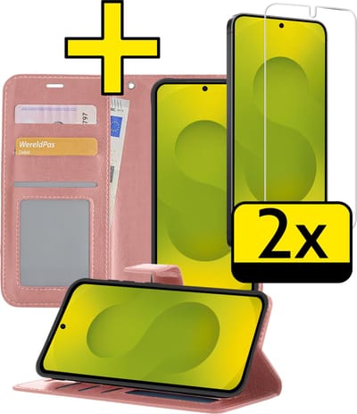 Hoesje - Met 2x Screenprotector - Geschikt voor Samsung Galaxy S25 - Luxe Pasjeshouder - Bookcase Portemonee - Flip Case - Kunstleer Book Case - Flipcase Hoes - Book Cover - Walletcase - Portemonneehoes - Telefoonhoesjes - Rosé goud