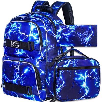 3 STuks Lightning Jongens Rugzak, 16 Inch School Laptop Boekentas Tiener College Waterbestendig Kinder Rugzakken met Lunchbox Set Blauw blue