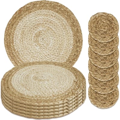 Geweven Placemats Set van 6 Ronde Lisdodde Tafelmatten 30cm Antislip Boho Wicker Onderzetter Boerderij Hittebestendig voor Eettafel Decoratie 6pc Mats 6pc Coaster beige