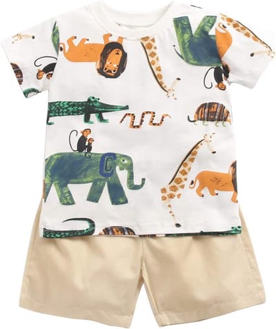 Katoenen baby jongens T-shirt + korte broek set met cartoon print, 2-delig, voor 0-6, 6-12, 12-18, 18-24 maanden en 2-3 jaar