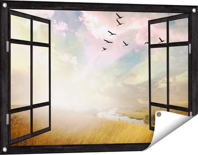 Gards Tuinposter Doorkijk Groep Vogels Vliegen Boven het Gras - 90x60 cm - Tuindoek - Tuindecoratie - Wanddecoratie buiten - Tuinschilderij