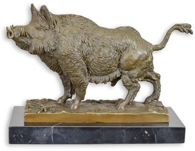 Bronzen beeld - Wild zwijn - marmeren basis - 23,4 cm hoog