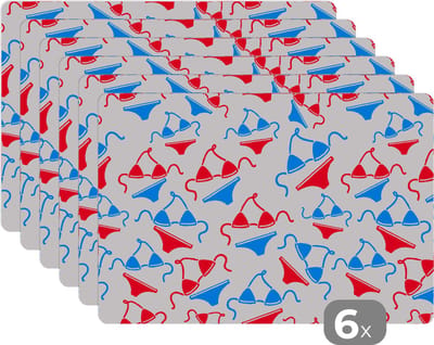 Placemat - Placemats kunststof - Bikini - Strand - Patronen - 45x30 cm - 6 stuks - Hittebestendig - Anti-Slip - Onderlegger - Afneembaar