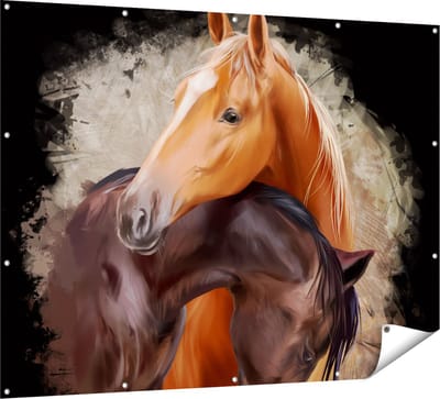 Gards Tuinposter Twee Getekende Knuffelende Paarden - Abstract - 160x120 cm - Tuindoek - Tuindecoratie - Wanddecoratie buiten - Tuinschilderij