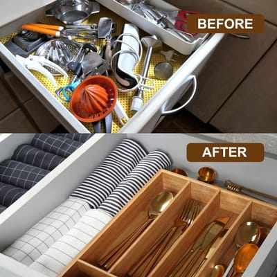 Dailygoods- Besteklade Organizer - Houten Bestekbak - Uitschuifbaar - 6 Compartimenten - 43x30x6 cm - Duurzaam Bamboe Materiaal - Bestekorganizer