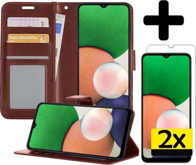 Hoesje - Met 2x Screenprotector - Geschikt voor Samsung Galaxy A22 4G - Luxe Pasjeshouder - Bookcase Portemonee - Flip Case - Kunstleer Book Case - Flipcase Hoes - Book Cover - Walletcase - Portemonneehoes - Telefoonhoesjes - Bruin