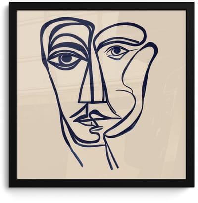 Poster in lijst - Fotolijst 40x40 cm - Posters - Minimalistisch - Lijnillustratie - Beige - Donkerblauw - Posterlijst zwart - Decoratie - Wanddecoratie woonkamer - Muurdecoratie slaapkamer