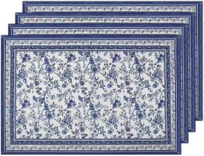 Bloemen takken blauwe placemats set 4, 30x45cm antislip vintage bloemen placemat, rustieke landelijke stijl wasbare absorberende tafelmatten voor boerderijkeuken eetkamer feesttafel decoratie