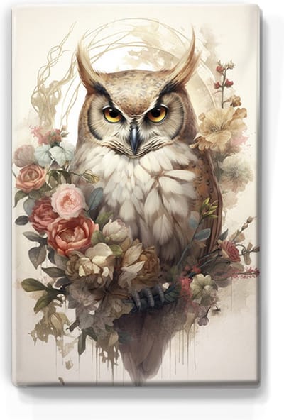 Uil met rozen - Laqueprint - 19,5 x 30 cm - Niet van echt te onderscheiden handgelakt schilderijtje op hout - Mooier dan een print op canvas. - LP305