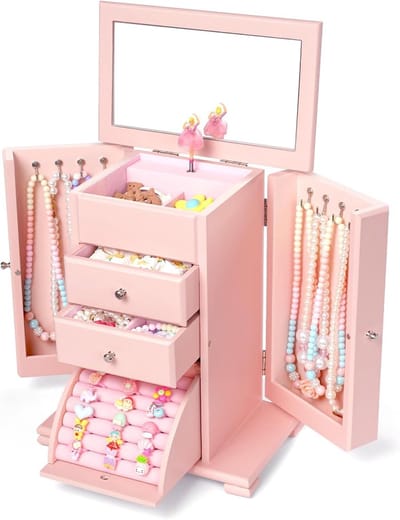Sieradenkist voor Meisjes met 4 Lagen en Muziekdoos, Houten Verjaardagscadeau voor Kinderen (Roze)
