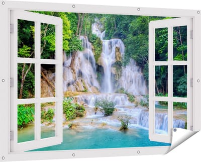 Gards Tuinposter Doorkijk Waterval in het Tropische Natuur - 150x100 cm - Tuindoek - Tuindecoratie - Wanddecoratie buiten - Tuinschilderij