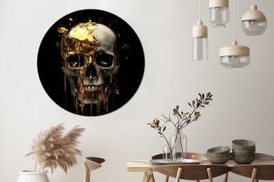 WallCircle - Wandcirkel - Muurcirkel - Goud - Abstract - Schedel - Kunst - Aluminium - Dibond - 140x140 cm - Binnen en Buiten