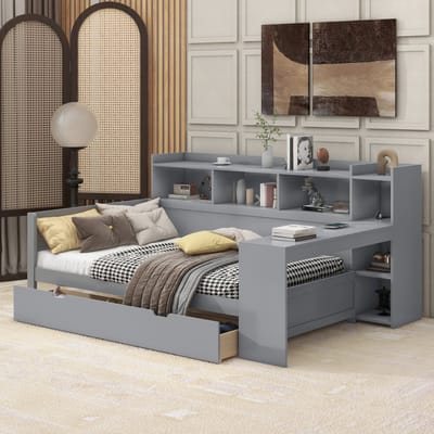 Slaapbank 90x200 cm - met opbergplank - bed met stopcontact en USB-aansluiting - 2 laden - bureau - zonder matras - grijs
