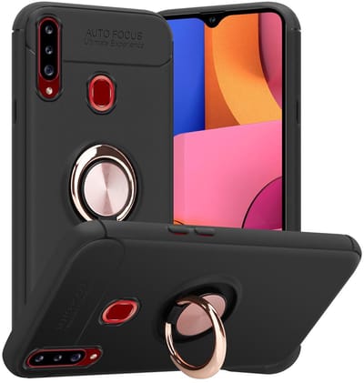 Cadorabo Hoesje geschikt voor Samsung Galaxy A20s in ZWART - ROSE GOUD - Beschermhoes met focusring van TPU Case Cover siliconen