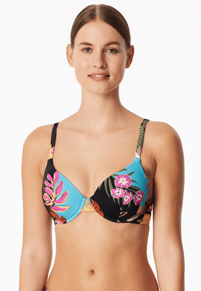 Bikini-top met schaalvormige cups, bloemenmotief in verschillende kleuren - aquablauw 36A