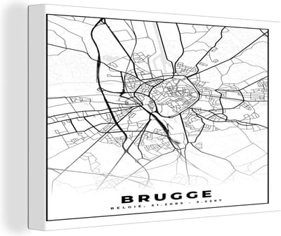 Canvas Schilderij Plattegrond – Brugge – Zwart Wit – Stadskaart - Kaart - België - 30x20 cm - Wanddecoratie