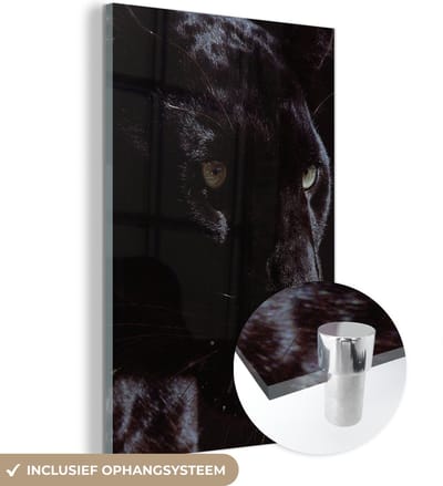 MuchoWow® Glasschilderij 120x180 cm - Schilderij acrylglas - Panter - Dier - Zwart - Foto op glas - Schilderijen