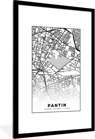 Fotolijst incl. Poster Zwart Wit- Stadskaart - Plattegrond - Pantin - Kaart - Frankrijk - Zwart wit - 80x120 cm - Posterlijst