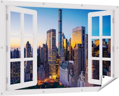 Gards Tuinposter Doorkijk New York bij Zonsopgang - 150x100 cm - Tuindoek - Tuindecoratie - Wanddecoratie buiten - Tuinschilderij