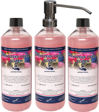 Handzeep Crème Rozen 500 ml - set van 3 stuks - met gratis RVS zilverkleurige pomp - Voordeelverpakking