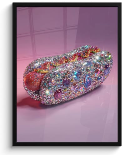 Poster in lijst - Fotolijst 60x80 cm - Posters - Hotdog - Steentjes - Glitters - Paars - Posterlijst zwart - Decoratie - Wanddecoratie woonkamer - Muurdecoratie slaapkamer