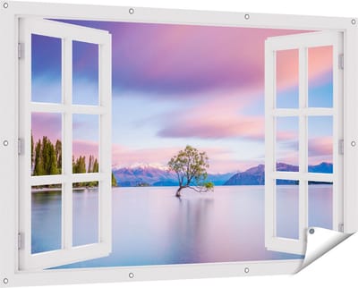 Gards Tuinposter Doorkijk Wanaka Boom in het Water bij Zonsopgang - 150x100 cm - Tuindoek - Tuindecoratie - Wanddecoratie buiten - Tuinschilderij