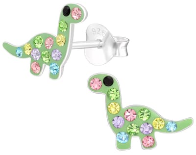 Joy|S - Zilveren dino oorbellen - groen met kristal multicolor - 10 x 8 mm - dinosaurus