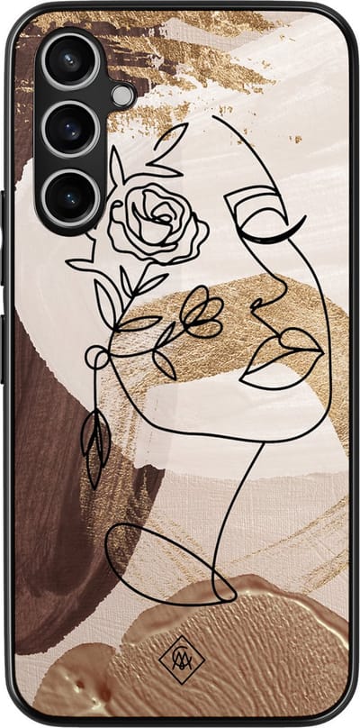 Casimoda® hoesje - Geschikt voor Samsung Galaxy A15 - Abstract Gezicht Bruin - Zwart TPU Backcover - Geometrisch patroon - Bruin/beige