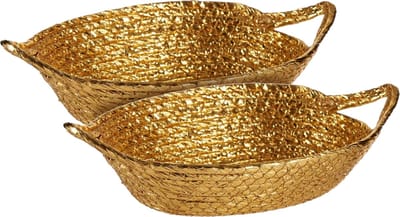 Mandjes - zeegras - 26 x 22 x 8 cm - goud metallic - 2x stuks - broodmandjes