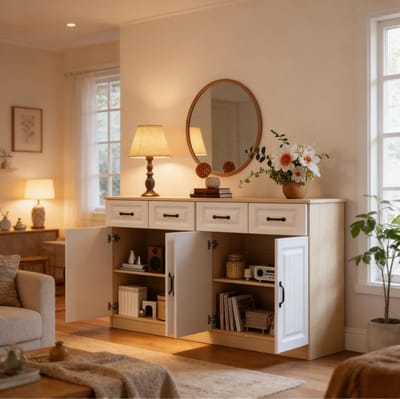MIVRAY Dressoir - Opbergkast Met 4 Lades En 4 Deuren - Voor Woonkamer Slaapkamer En Keuken - MDF Wit En Natuurhout - 160x35x80 Cm