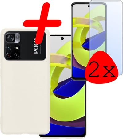 Hoesje Met 2x Screenprotector - Geschikt voor Xiaomi Poco M4 Pro 5G - Sterk & Shockproof - Back Cover - Siliconen Case - Telefoon Hoes - Wit
