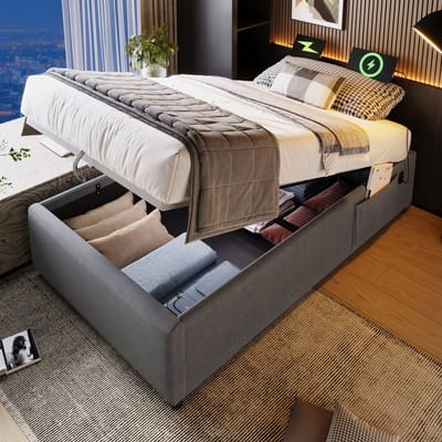 SINGULARITY-Gestoffeerd eenpersoonsbed 90x200 cm- gestoffeerd bedframe met USB-C en lattenbodem over het gehele oppervlak- zonder hoofdbord- katoen- grijs- zonder matras