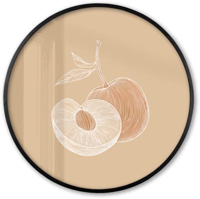 Poster in lijst Rond - Fotolijst 60x60 cm - Posters - Perzik - Lijntekening - Pit - Beige - Ronde posterlijst zwart - Decoratie - Wanddecoratie woonkamer - Muurdecoratie slaapkamer