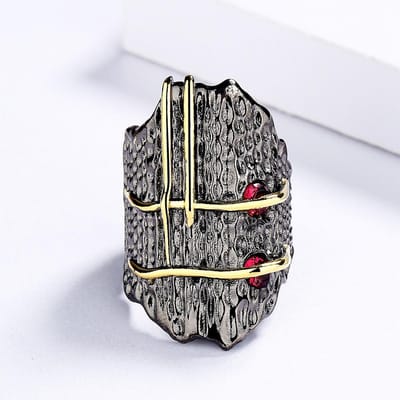 Geometrische vintage rode zirkoon ingeweven zwartgouden ring 925 exquisite vintage ring damesfeest cocktailfeest sieraden 10 gray