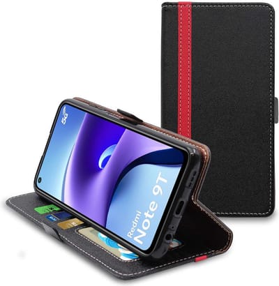 ebestStar - Hoes geschikt voor Xiaomi Redmi Note 9T 5G, Wallet Etui, Book case hoesje, Zwart, Rood