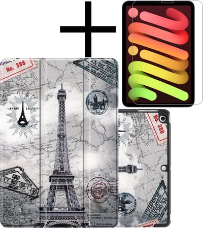 Hoes - Geschikt voor Apple iPad Mini 6 (2021) - 8.3 inch - 6e Generatie - Met Screenprotector - Trifold Bookcase - Hard Cover - Hardcover Book Case - Tablet Hoesje - Eiffeltoren