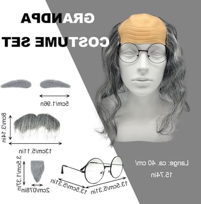 7-delige set voor mannen met een kaal kapsel, inclusief nepbaard, wenkbrauwen, en accessoires voor kostuums, perfect voor Halloween en feestjes