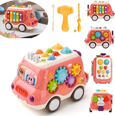 Baby Montessori muzikaal speelgoed met geluid en licht: xylofoon, hamer, visspel, windmolen, sensorisch leerspeelgoed in de vorm van een bus voor kinderen van 1-3 jaar.roze