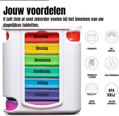 TIM® Pillendoosje 7 Dagen 2 Vakken - Pillendoos 7 Dagen - Pillendoosjes - Wit met regenboog - Wit - 5cm x 13cm x 12cm