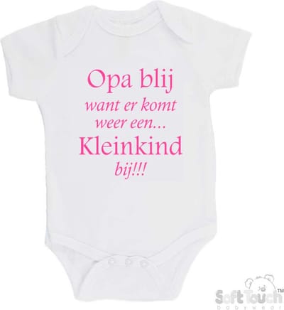 100% katoenen Romper "Opa blij want er komt weer een kleinkind bij!!!" Meisjes Katoen Wit/roze Maat 56/62