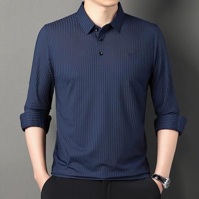 Gestreept Naadloos T-shirt met Lange Mouwen en Revers Heren Casual Los Elastisch Jong en Middelbaar Najaar Nieuw Zakelijk Pak Heren XXXXL