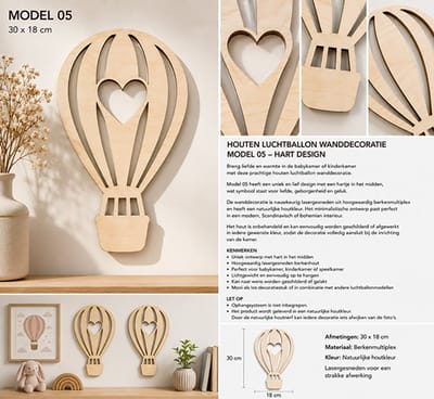 Houten Luchtballon Wanddecoratie Model 05 – Maan & Sterren Design – 28 × 18 cm – Laser Gesneden Berkenmultiplex – Kinderkamer Decoratie