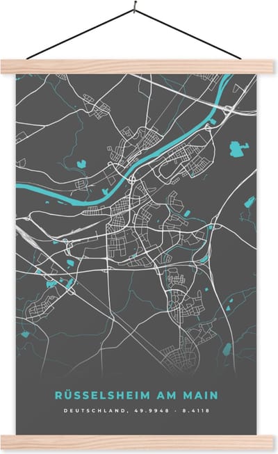 Posterhanger incl. Poster 40x60 cm - Schoolplaat - Blauw – Duitsland – Plattegrond – Stadskaart – Kaart – Rüsselsheim am Main - Textielposter - Blanke latten - Stadskaart
