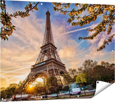 Gards Tuinposter Eiffeltoren in Parijs tijdens Zonsondergang - 120x90 cm - Tuindoek - Tuindecoratie - Wanddecoratie buiten - Tuinschilderij