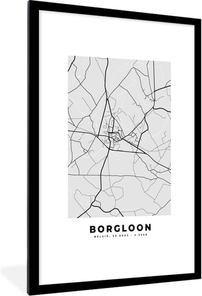 Fotolijst incl. Poster Zwart Wit- Stadskaart – Plattegrond – België – Zwart Wit – Borgloon – Kaart - 80x120 cm - Posterlijst