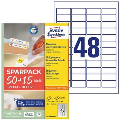 Avery-Zweckform L4736REV-65 Universele etiketten 45.7 x 21.2 mm Papier Wit 65 vellen Weer verwijderbaar Inkjet, Laser (zwart/wit), Laser (kleur),