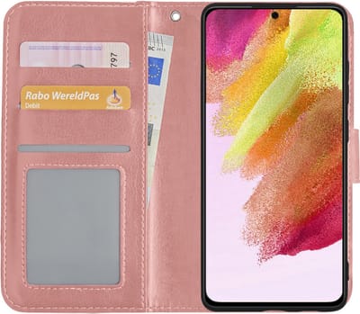 Hoesje - Met Pasjeshouder - Geschikt voor Samsung Galaxy S21 FE - Luxe Bookcase Portemonee - Flip Case - Kunstleer Book Case - Flipcase - Book Cover - Walletcase - Portemonneehoes - Rosé goud